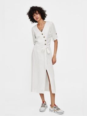 Zara White Boho Wrap Midi Dress Button Detail Side Tie Size L Minimalist Style